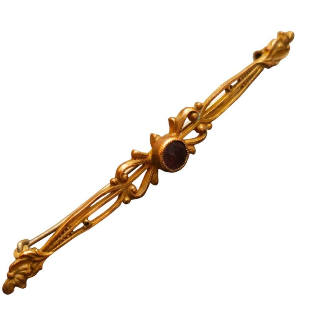 Antique Brass And Faceted Glass Bar Pin Brooch (A8194)